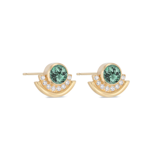 gold stud earrings featuring a round green tourmaline bordered by white diamonds