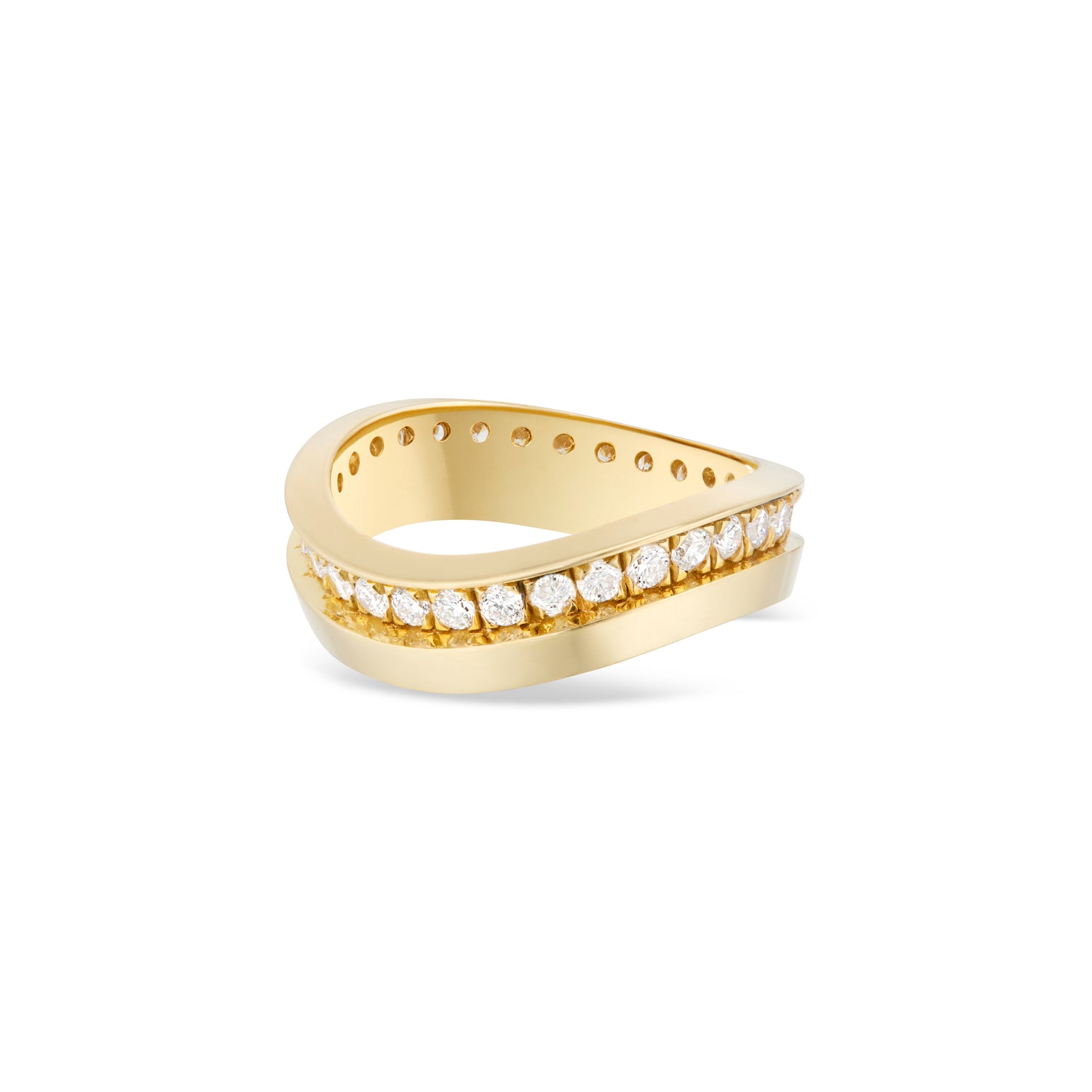 waved gold ring encircled with white diamonds