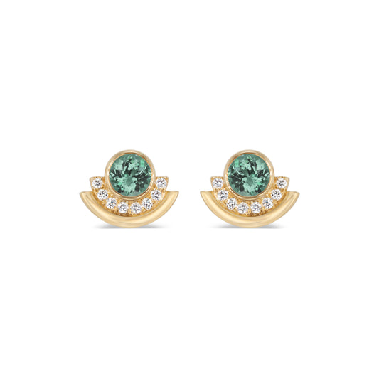 gold stud earrings featuring a round green tourmaline bordered by white diamonds
