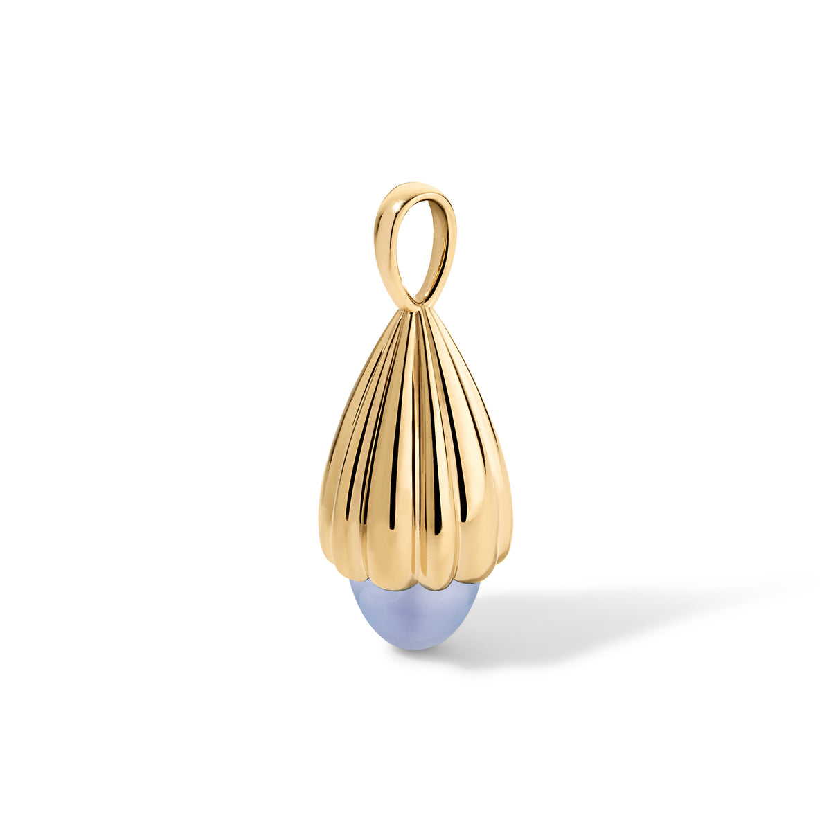 A gold pendant with a textured, fluted surface and a smooth, teardrop-shaped blue stone set at the base, shown on a clean white background with a soft shadow.