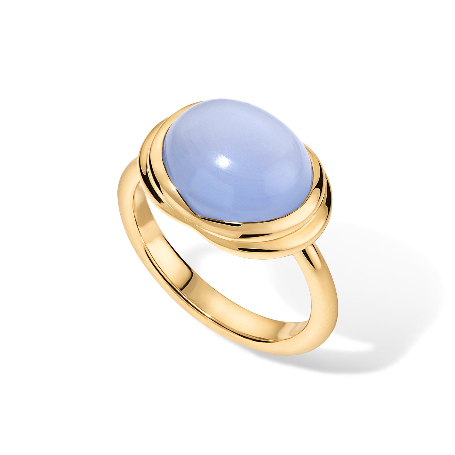 A gold ring featuring a smooth, oval-shaped light blue cabochon gemstone, shown on a clean white background with a soft shadow.