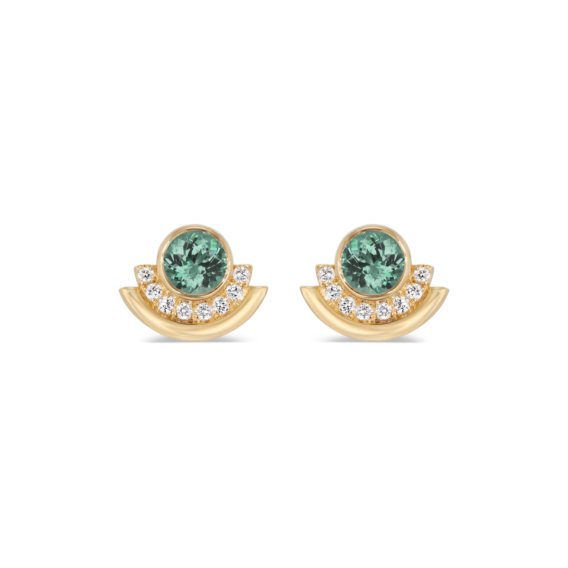 gold stud earrings featuring a round green tourmaline bordered by white diamonds