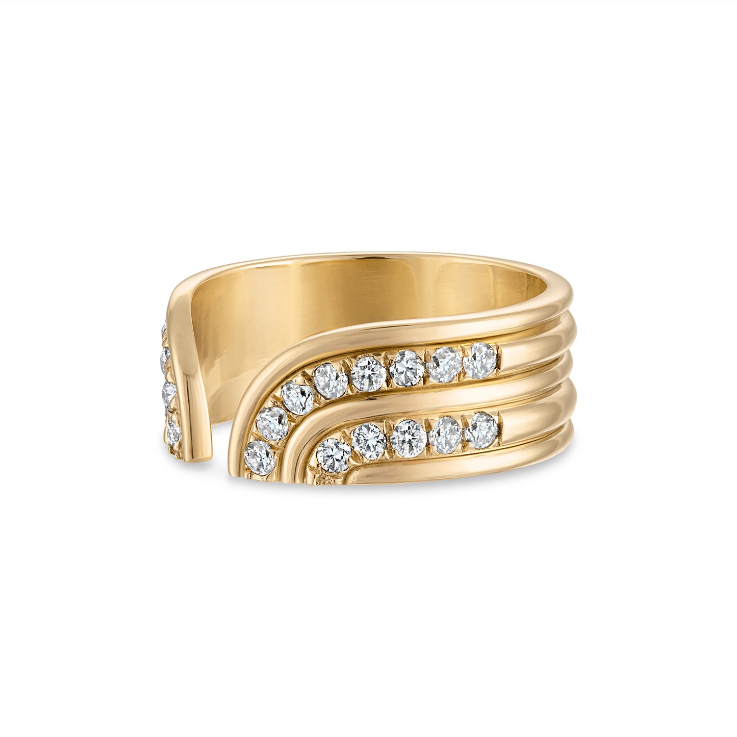 Cuff style ring with piped detail rows alternating with rows of natural white diamonds.