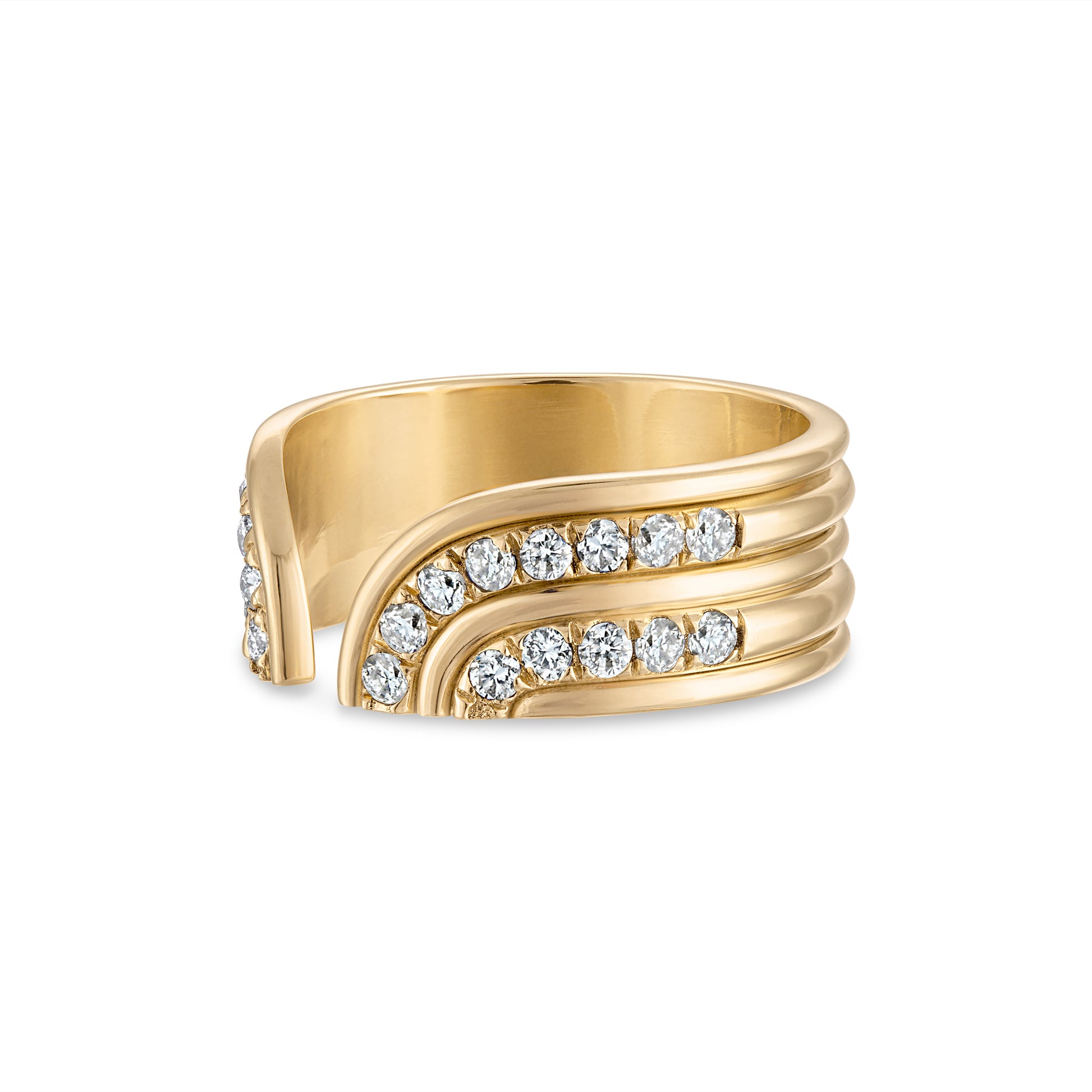 Cuff style ring with piped detail rows alternating with rows of natural white diamonds.