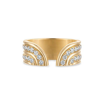 Cuff style ring with piped detail rows alternating with rows of natural white diamonds.