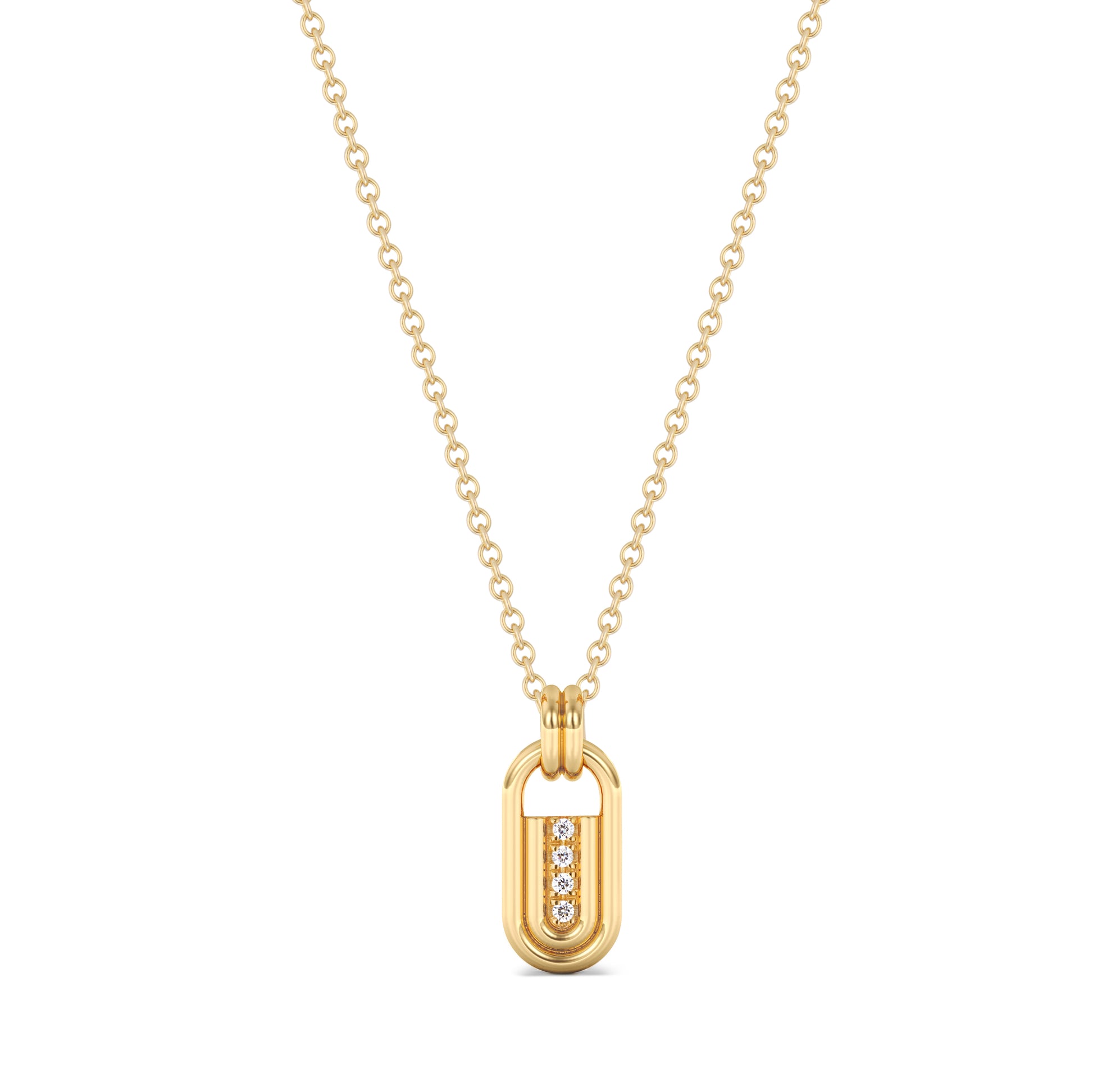 Modern Gold pendant on chain with piped detail.  Natural diamond accents adorn the front.