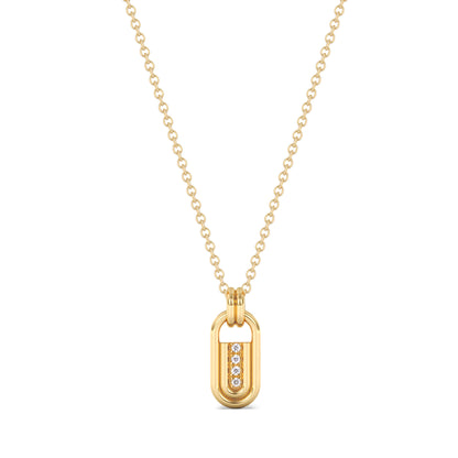 Modern Gold pendant on chain with piped detail.  Natural diamond accents adorn the front.